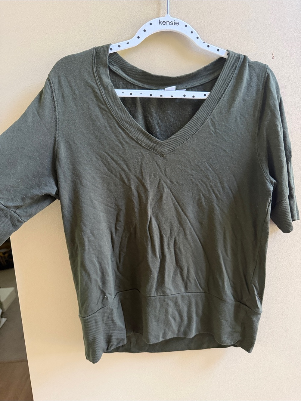 Athleta Olive Green V-Neck Short Sleeve Sweatshirt